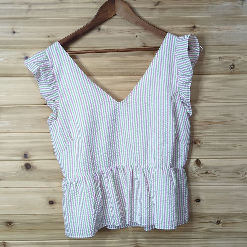 Draper James Top Womens XL Multicolor‎ Striped Seersucker Peplum Blouse